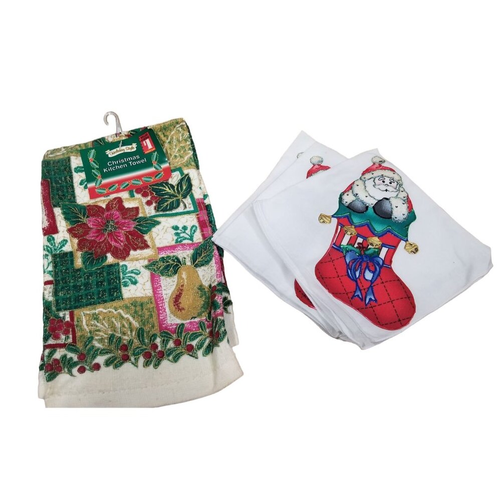 Vintage Christmas Kitchen Towels & Napkins Set With Santa Stocking Design